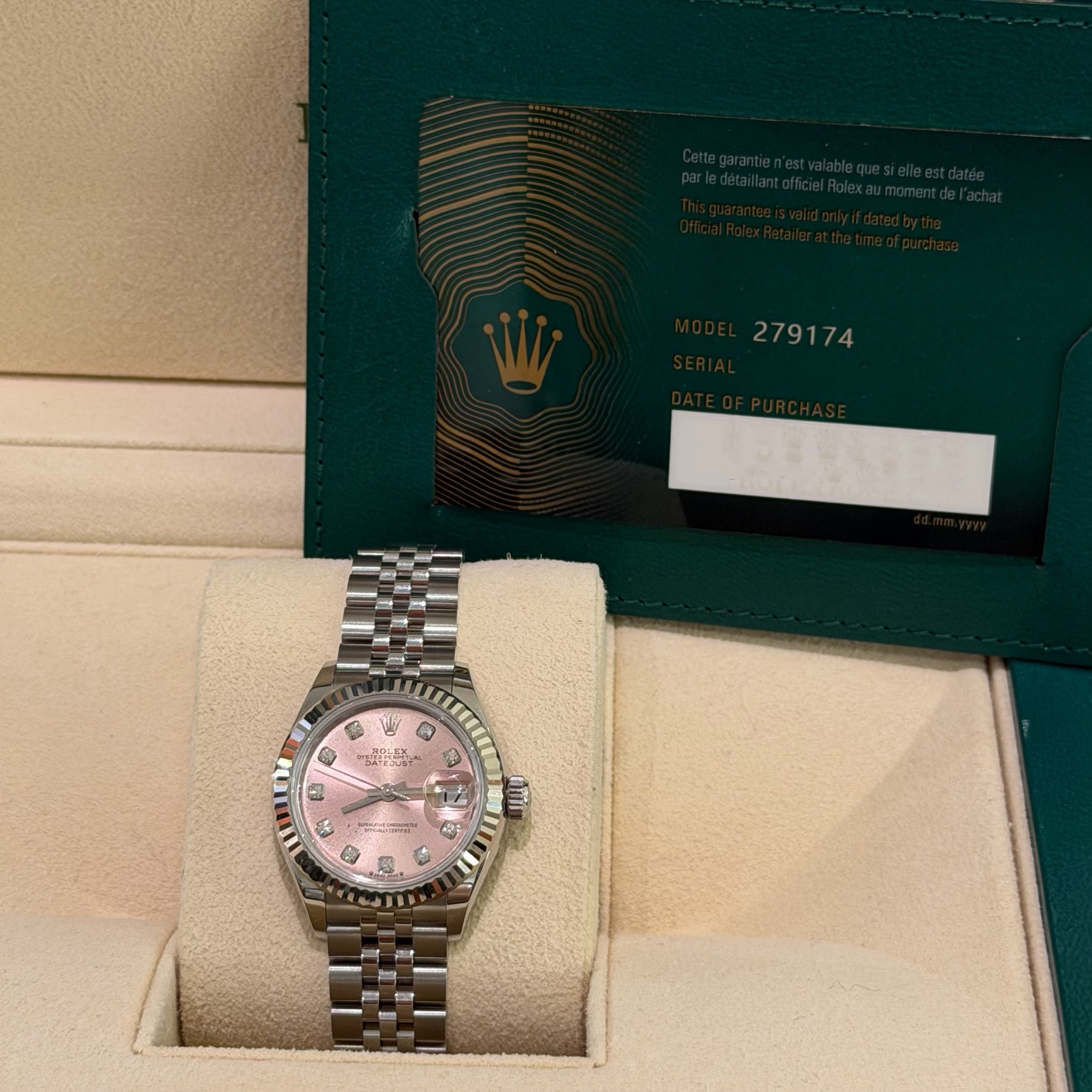 Rolex Datejust Lady 279174 White Gold Fluted Bezel Diamond Pink Dial