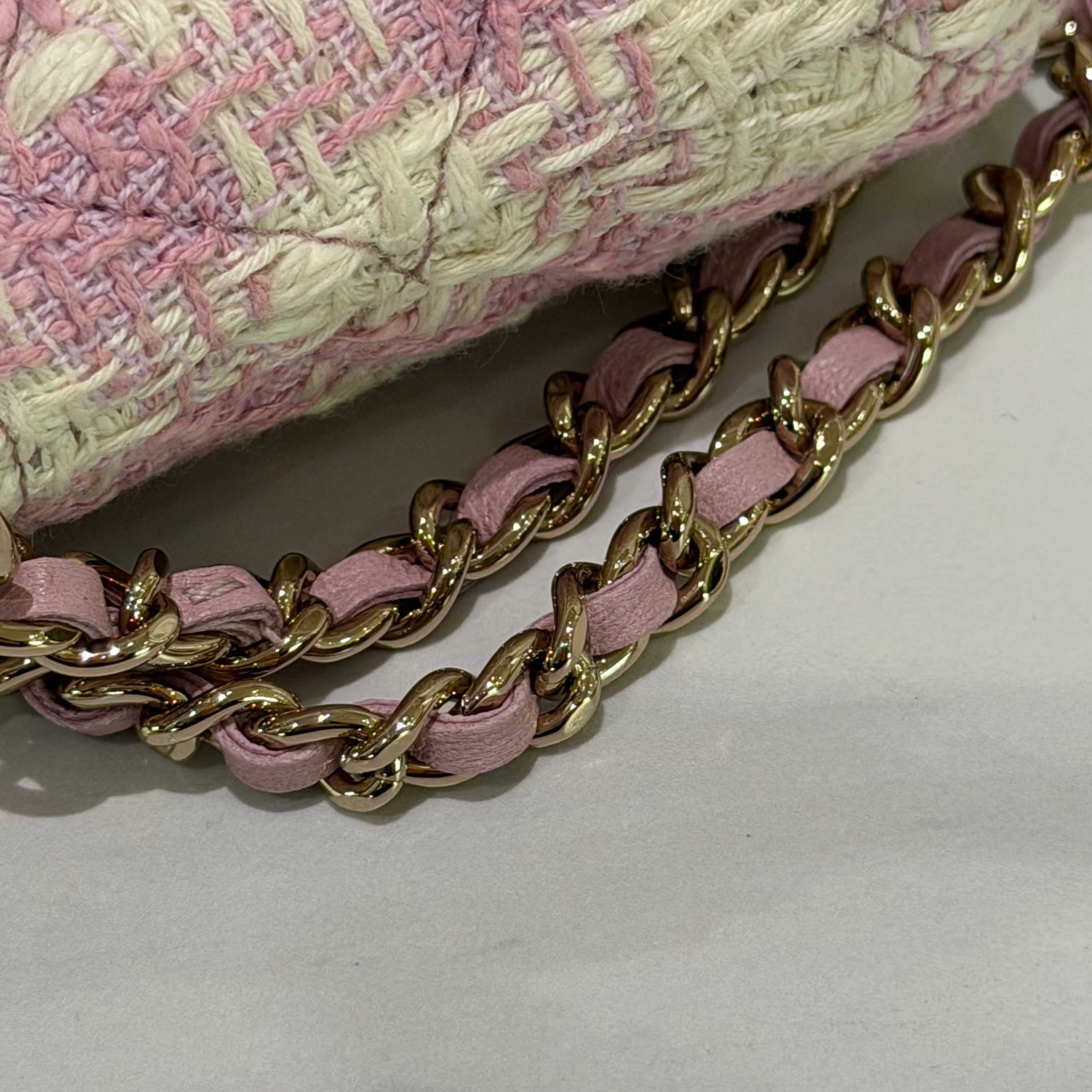 CHANEL Tweed Pink and White Woven Mini Shell Bag with Chip