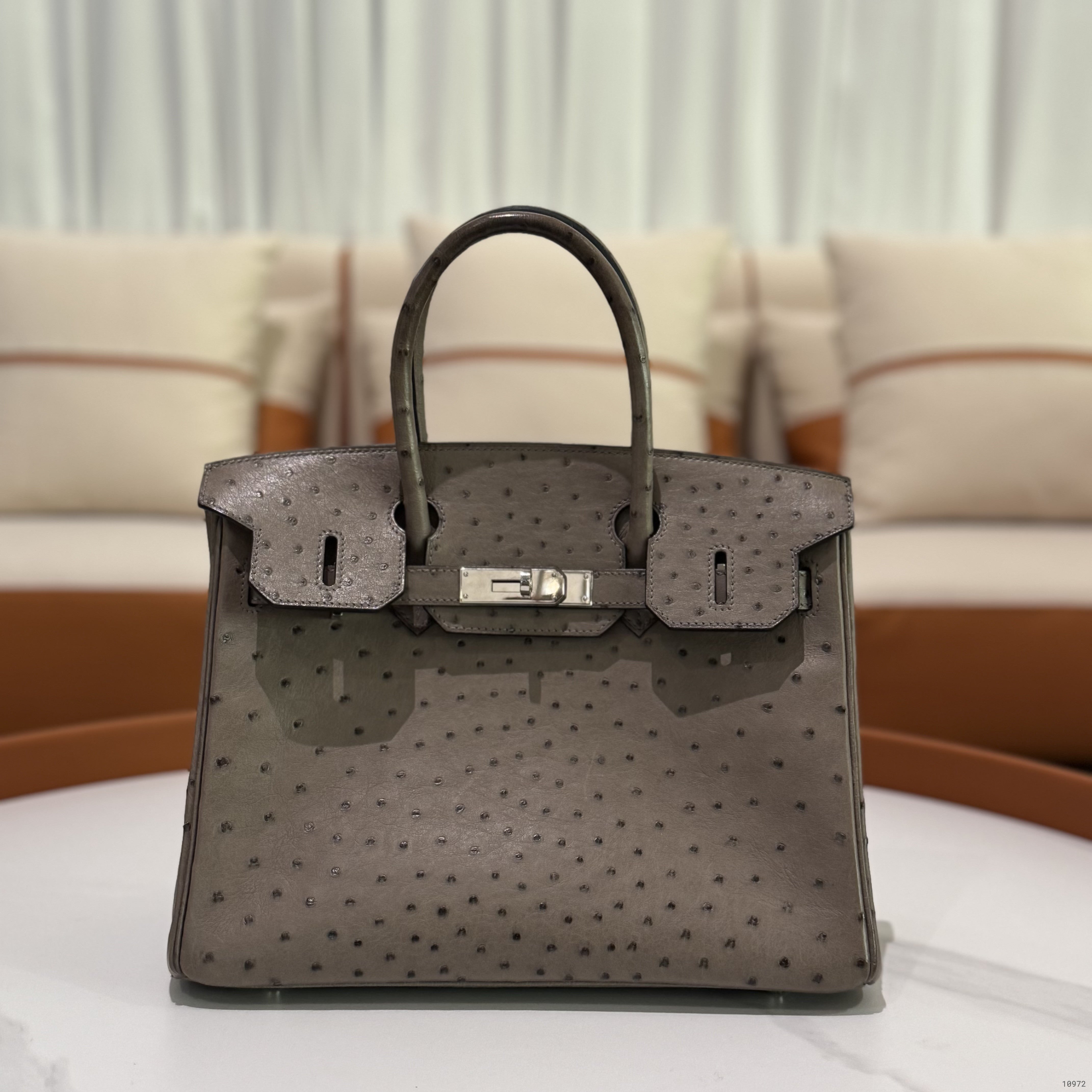 HERMÈS BIRKIN 30 OSTRICH LEATHER MOUSE GREY SILVER HARDWARE O STAMP