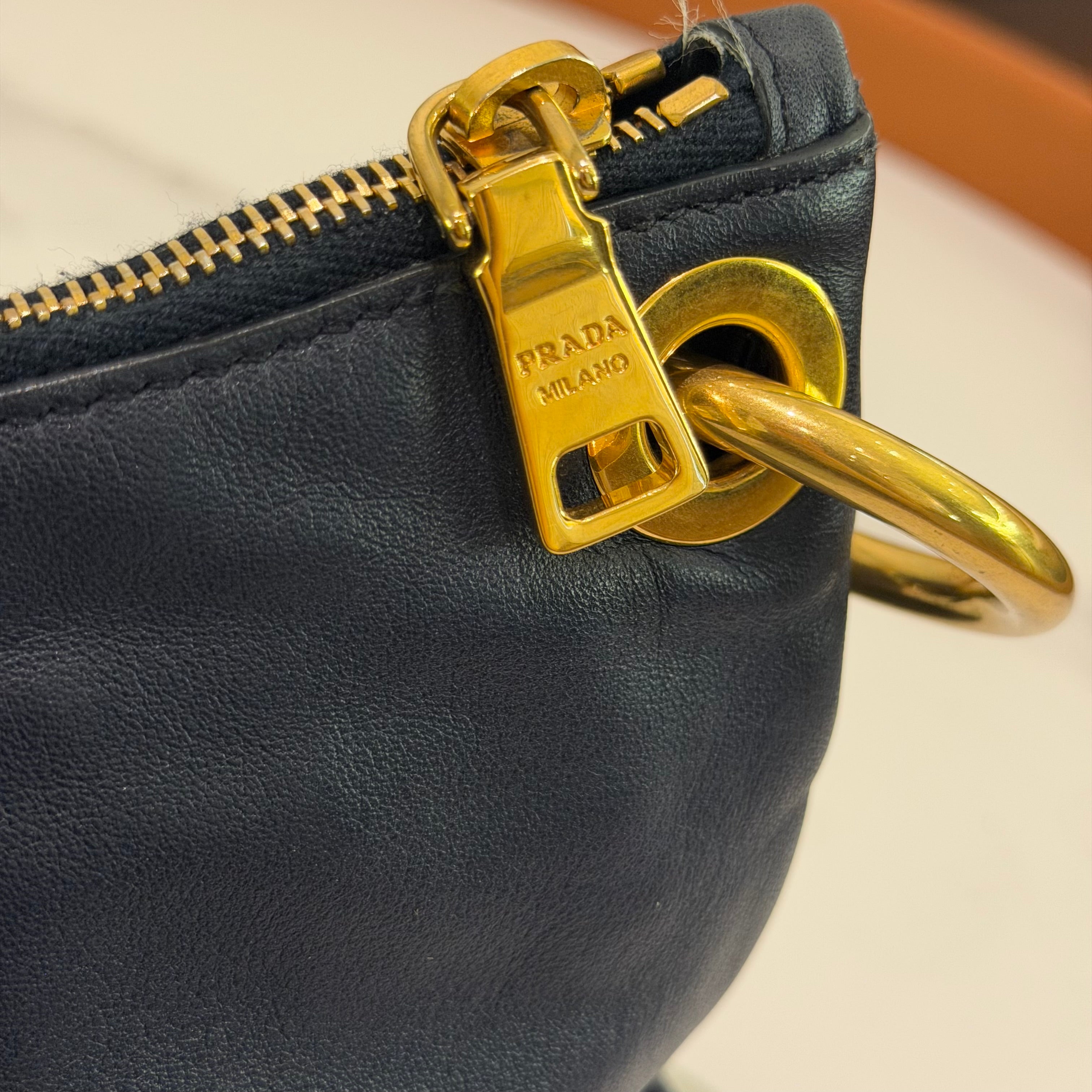 Prada Navy Blue Leather Top Handle Bag