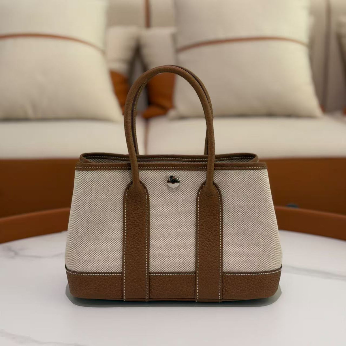 Hermès Mini Garden Party Gold Canvas and Leather Tote Bag | HERMES
