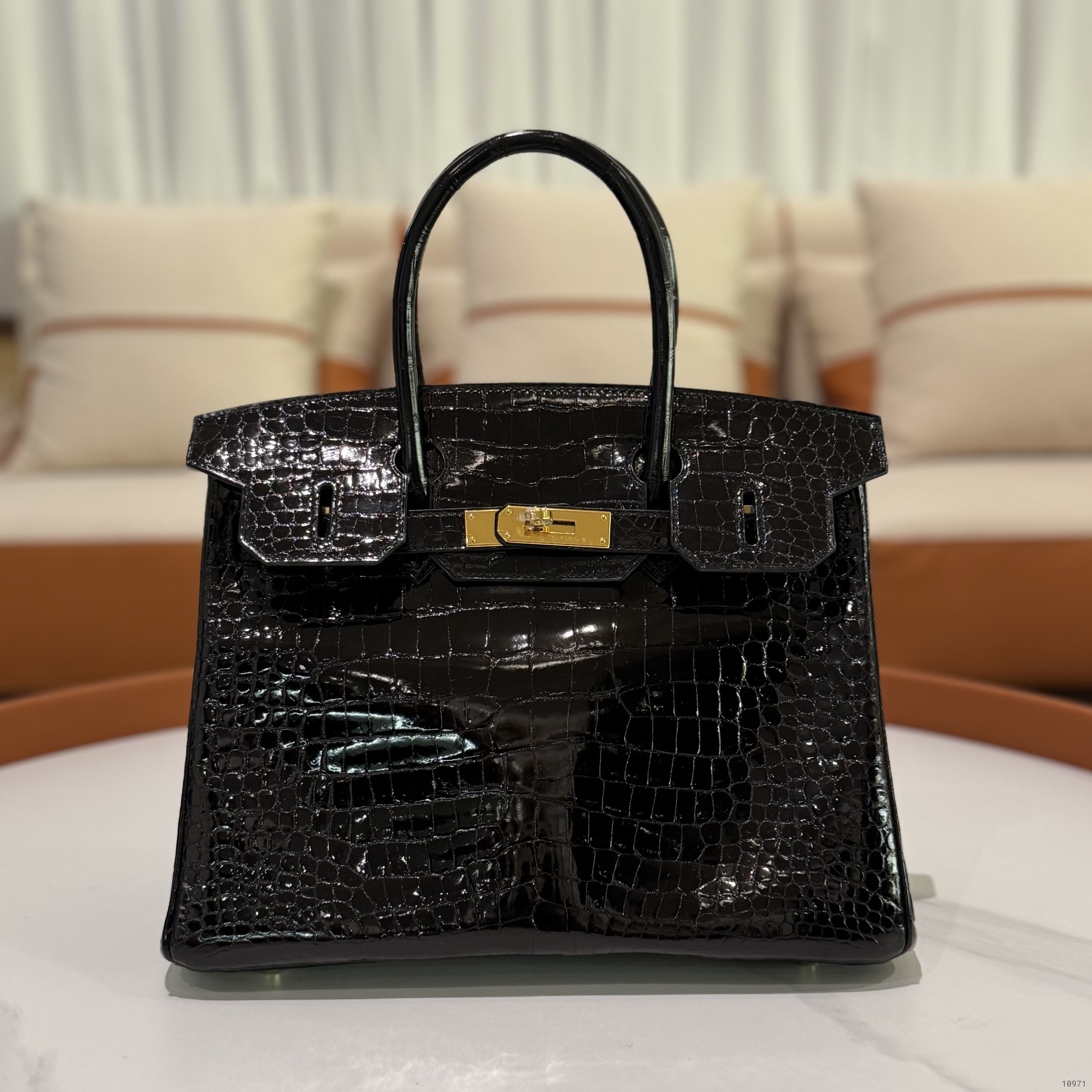HERMÈS BIRKIN 30 BLACK SHINY CROCODILE GOLD HARDWARE X STAMP