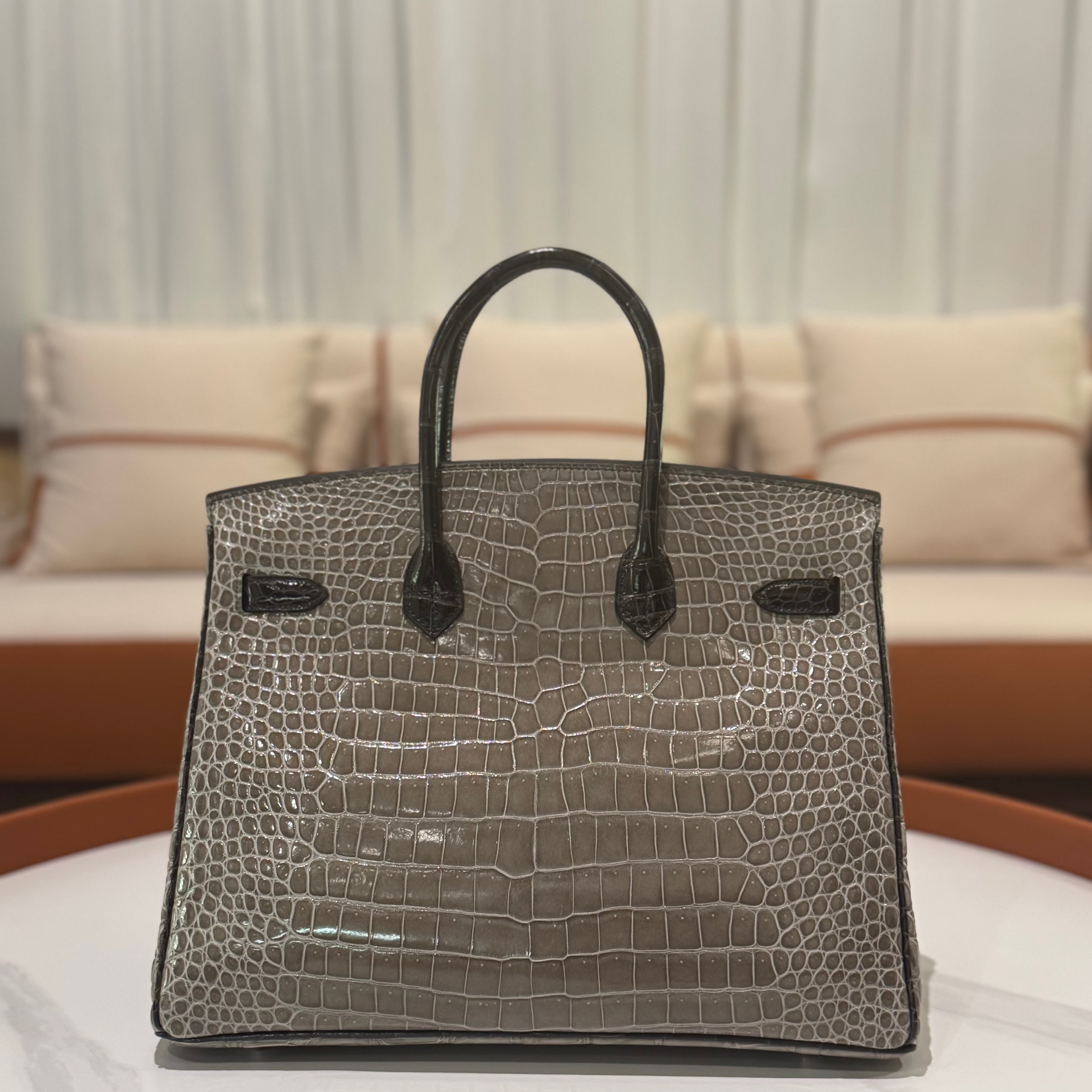 HERMÈS BIRKIN 35 GRIS TOURTERELLE CROCODILE POROSUS LISSE WITH BLACK HANDLE & PALLADIUM HARDWARE FULL STICKERS STAMP Y