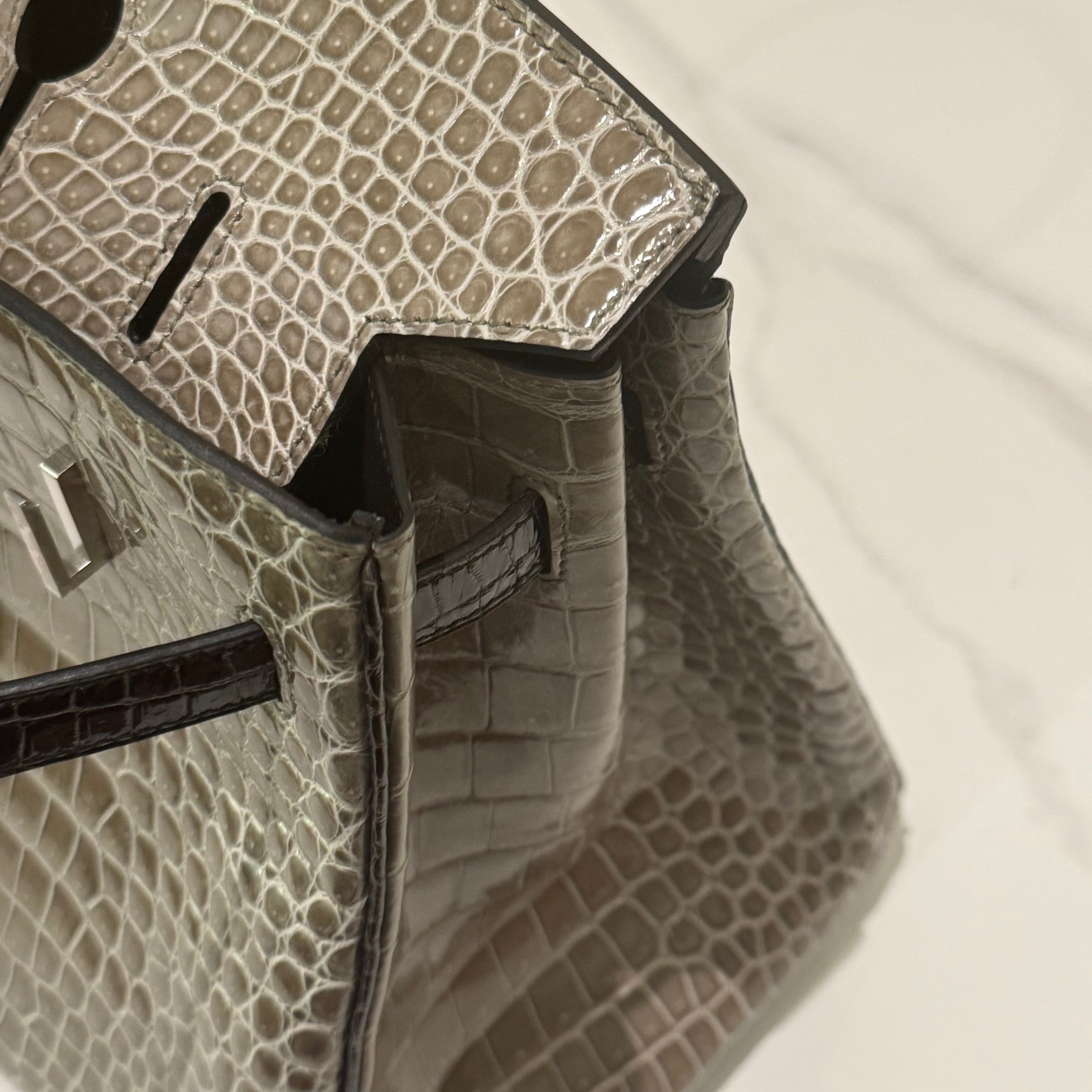 HERMÈS BIRKIN 35 GRIS TOURTERELLE CROCODILE POROSUS LISSE WITH BLACK HANDLE & PALLADIUM HARDWARE FULL STICKERS STAMP Y