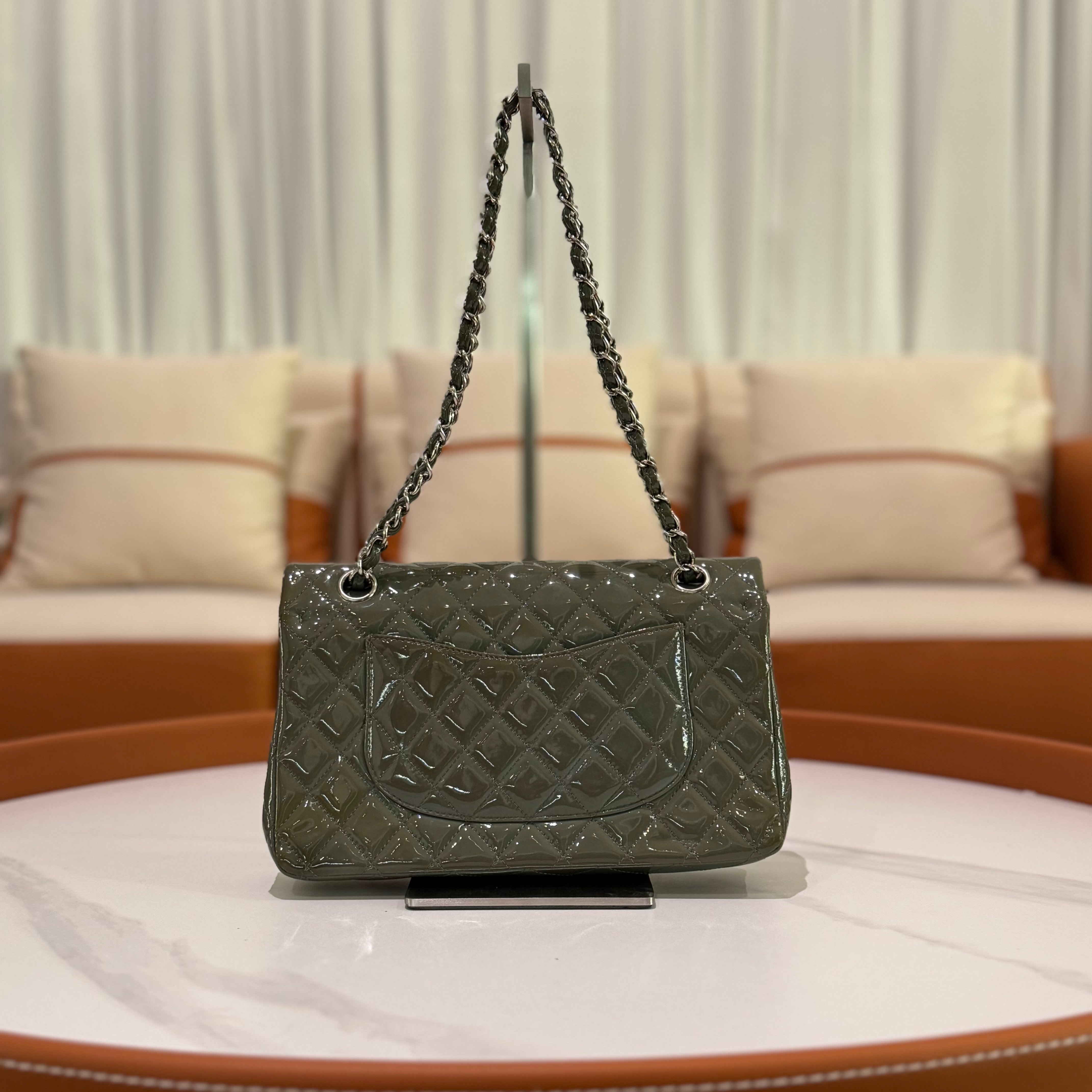 CHANEL CF CLASSIC FLAP BAG GREY-GREEN PATENT LEATHER