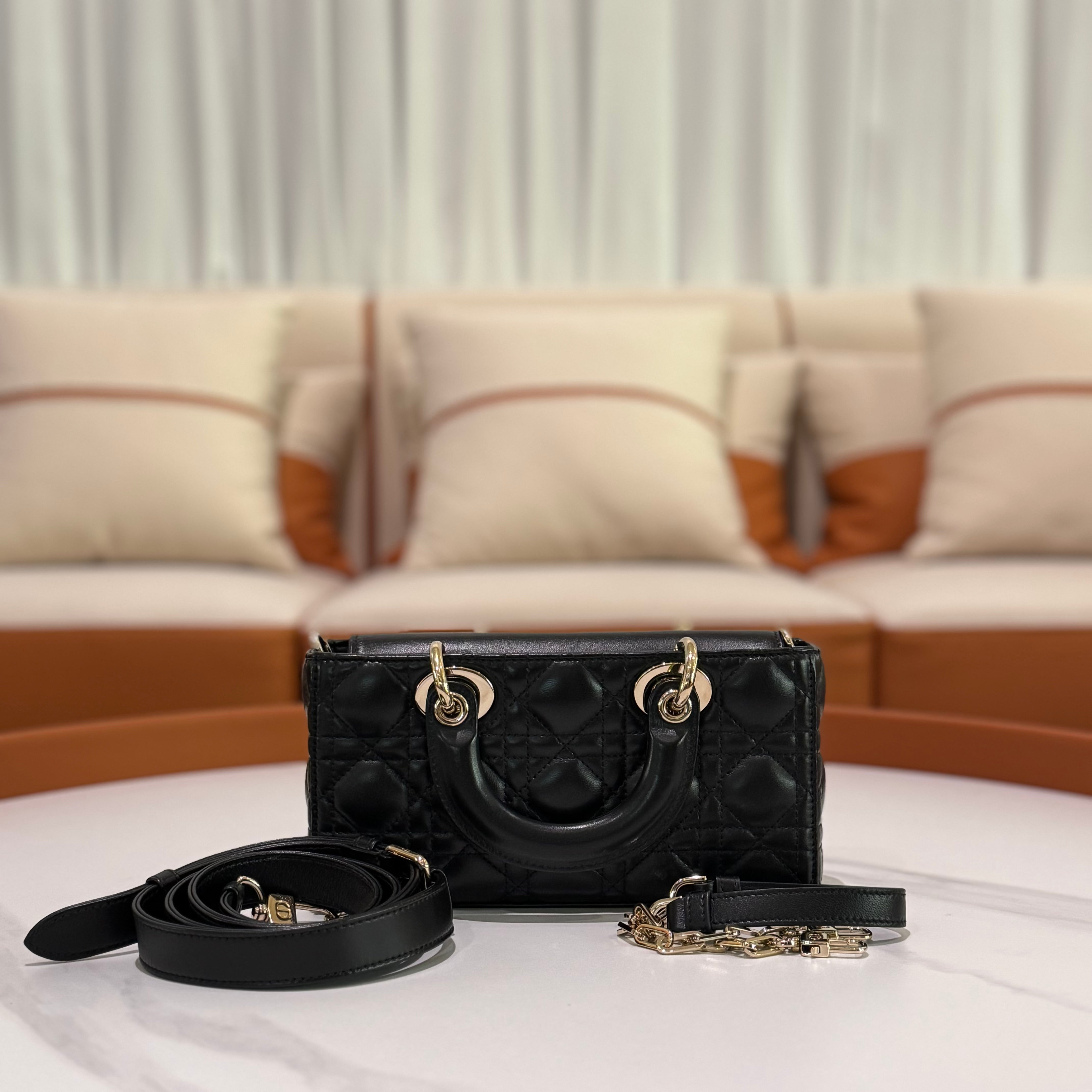 LADY DIOR HORIZONTAL SMALL BAG BLACK LAMBSKIN WITH GOLD HARDWARE