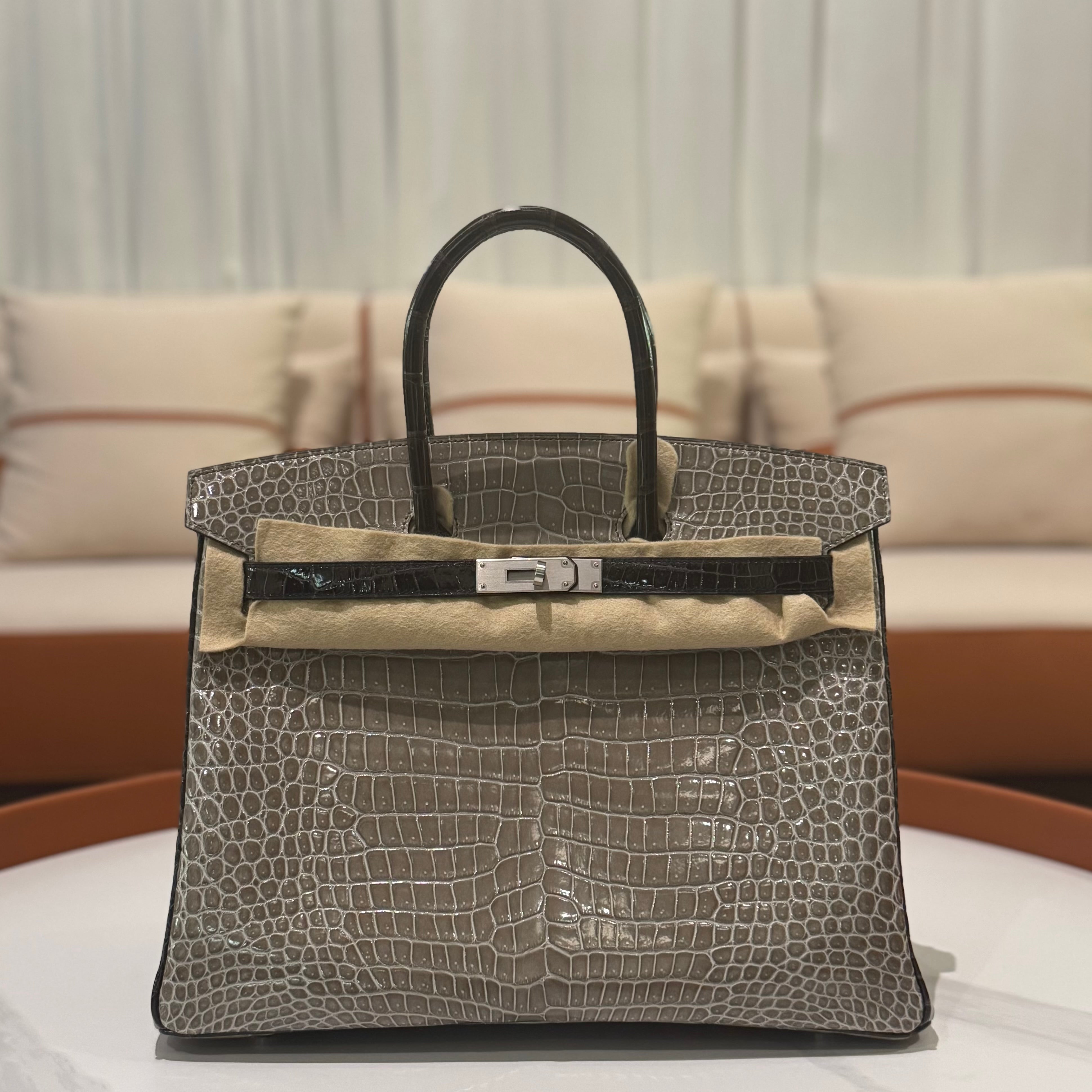 HERMÈS BIRKIN 35 GRIS TOURTERELLE CROCODILE POROSUS LISSE WITH BLACK HANDLE & PALLADIUM HARDWARE FULL STICKERS STAMP Y