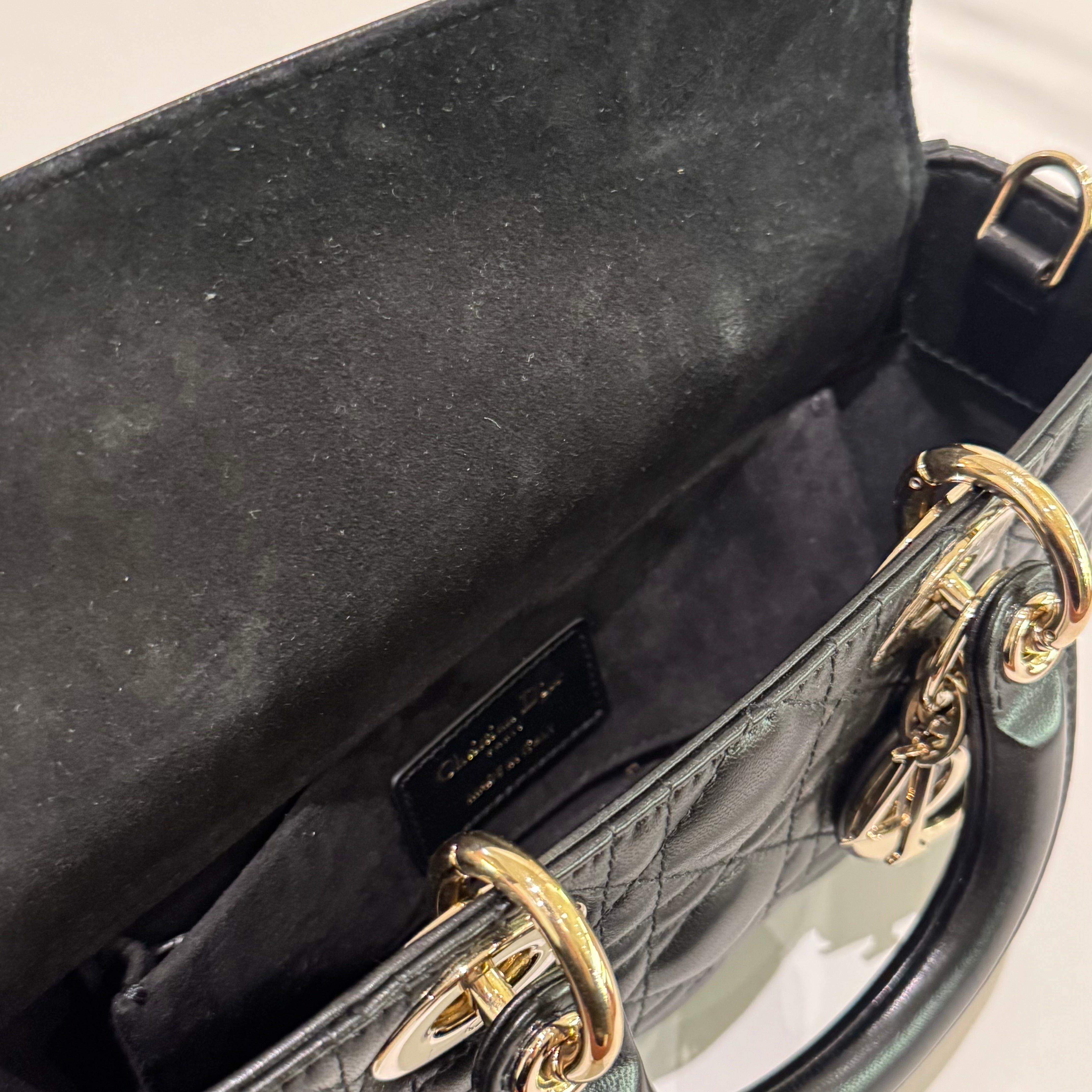 LADY DIOR HORIZONTAL SMALL BAG BLACK LAMBSKIN WITH GOLD HARDWARE