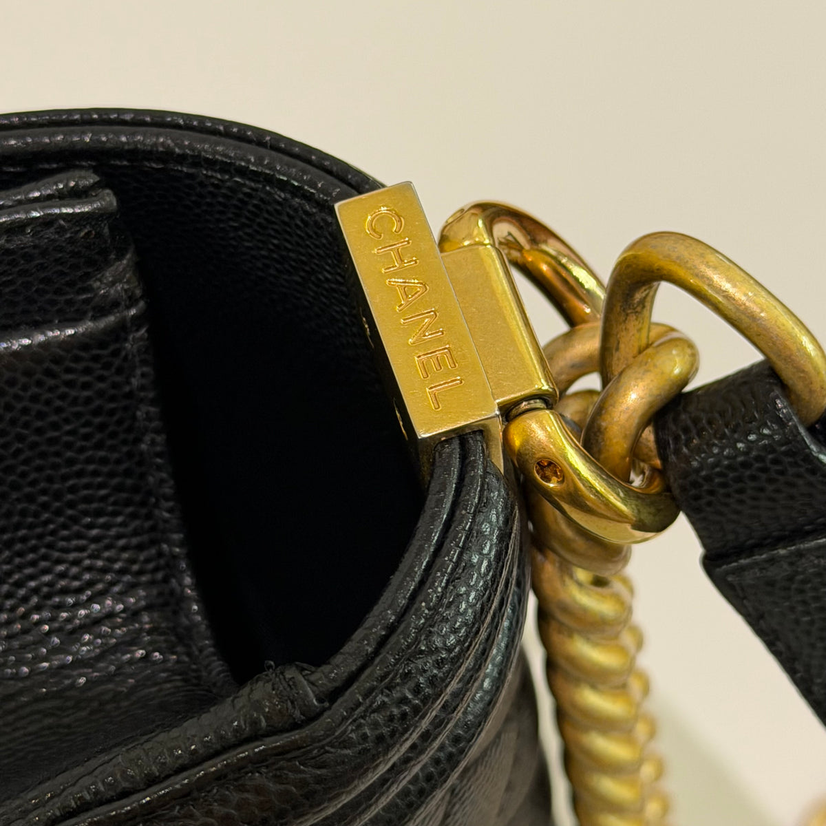 Chanel Boy Medium Black Caviar Leather with Gold Hardware (Chip Model) | CHANEL