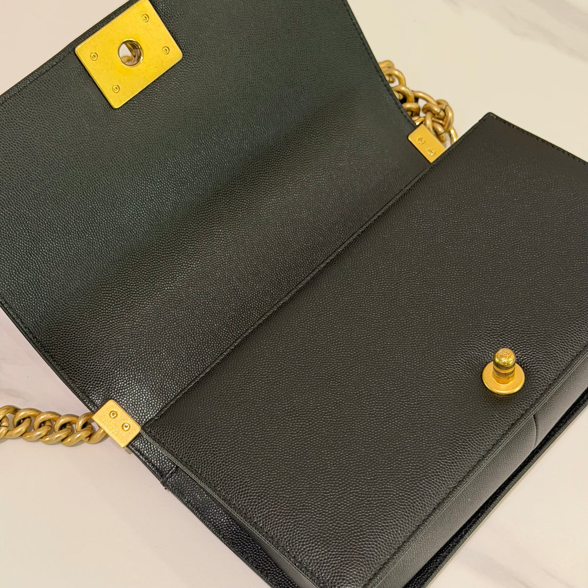 Chanel Boy Medium Black Caviar Leather with Gold Hardware (Chip Model) | CHANEL