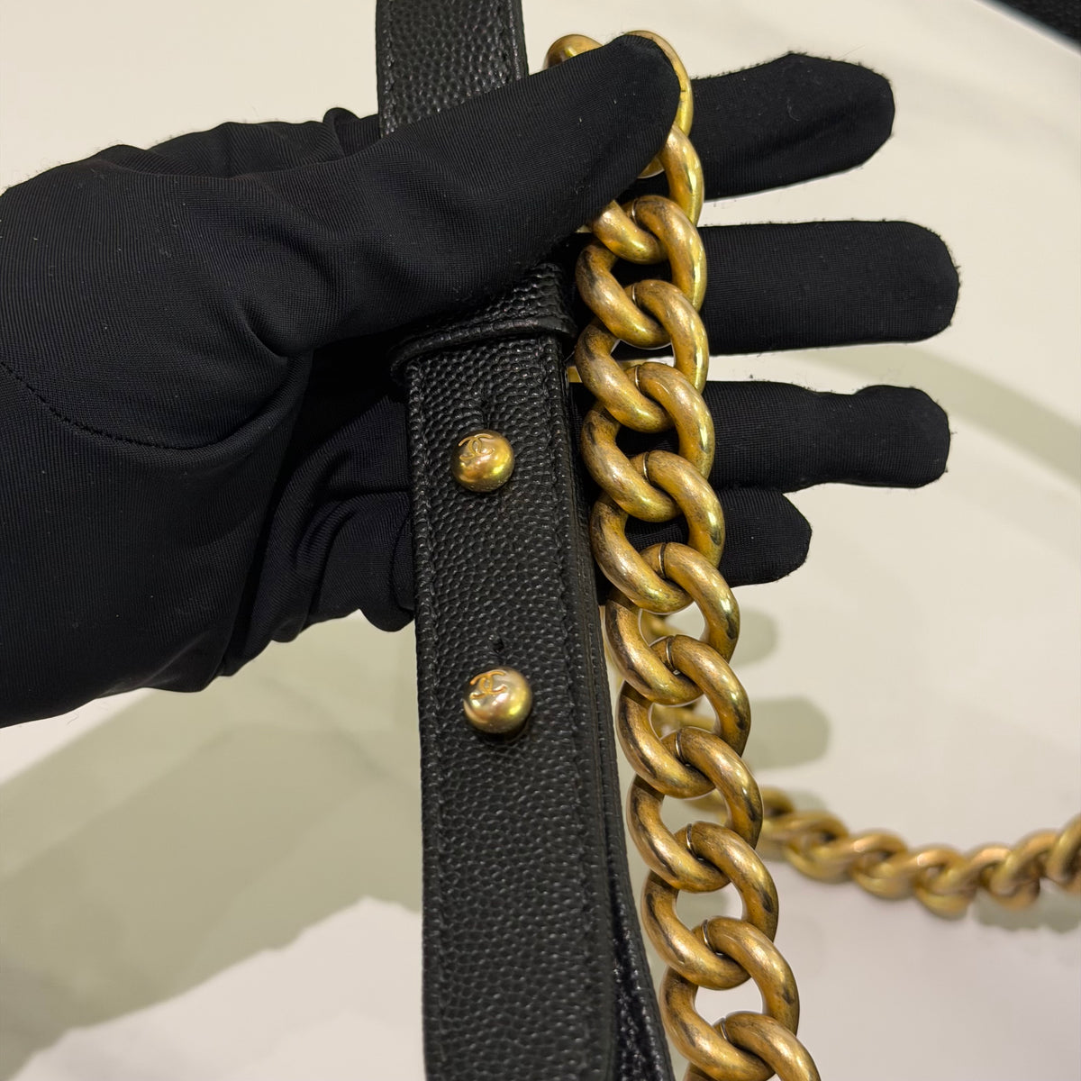 Chanel Boy Medium Black Caviar Leather with Gold Hardware (Chip Model) | CHANEL