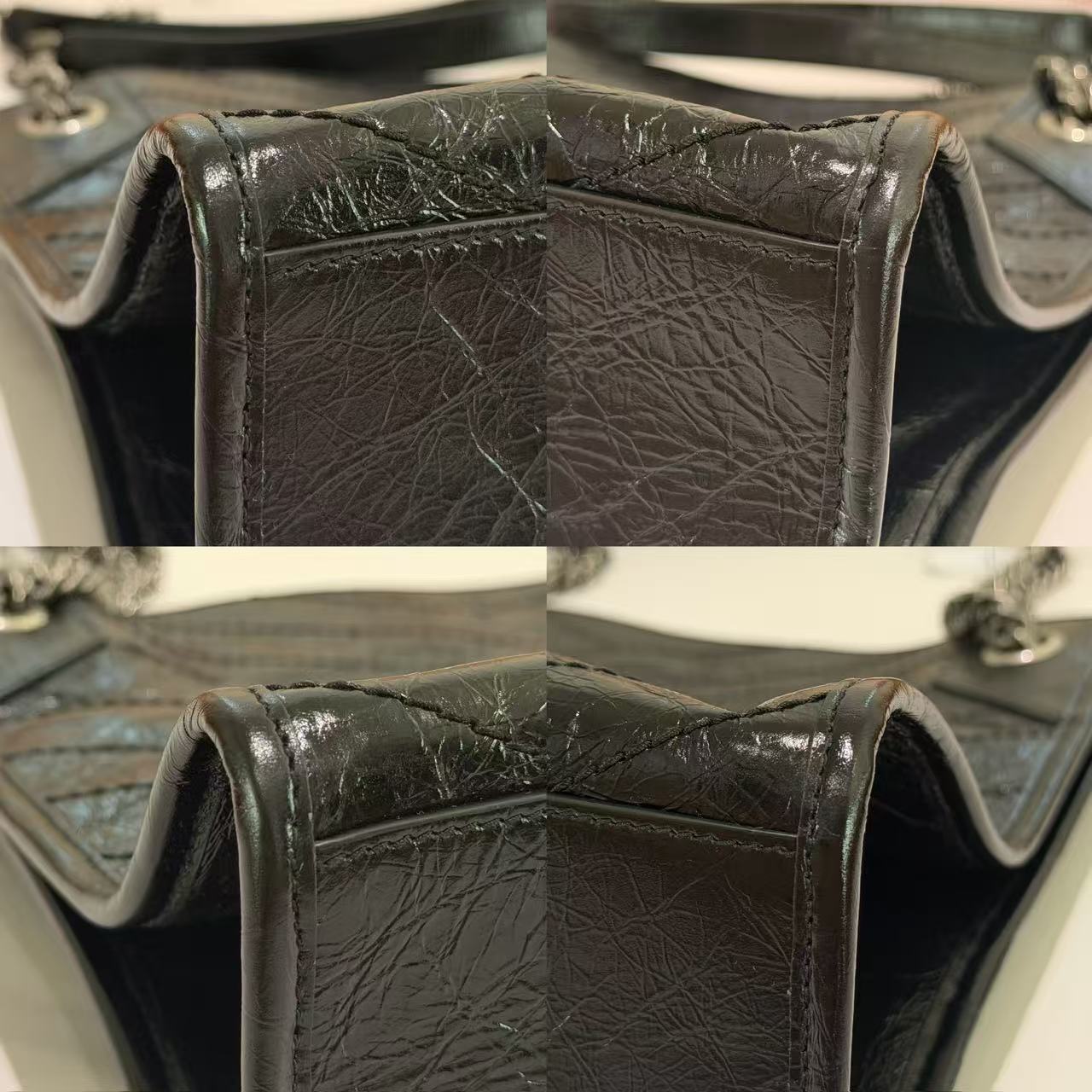 Saint Laurent Niki Shopping Bag Black Crinkled Leather with Silver Chain