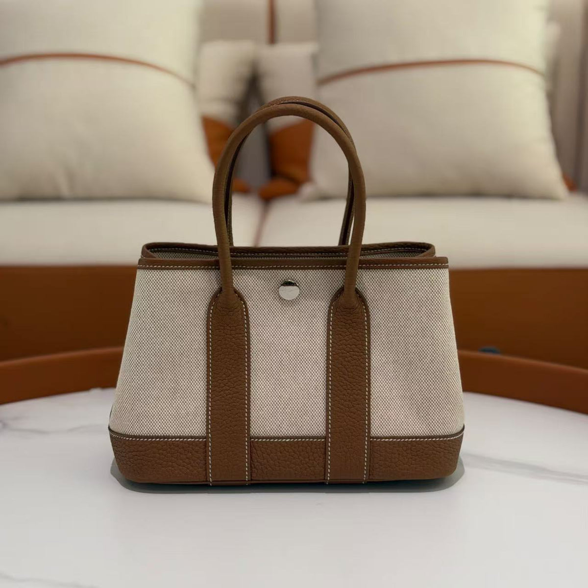 Hermès Mini Garden Party Gold Canvas and Leather Tote Bag | HERMES